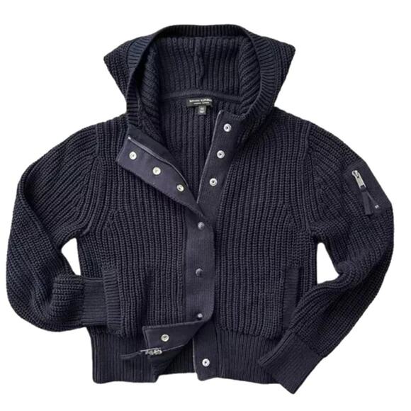 BANANA REPUBLIC Varo Ribbed Zip Crop Hooded Sweater Bomber XS Navy #509216-01 - Picture 3 of 13